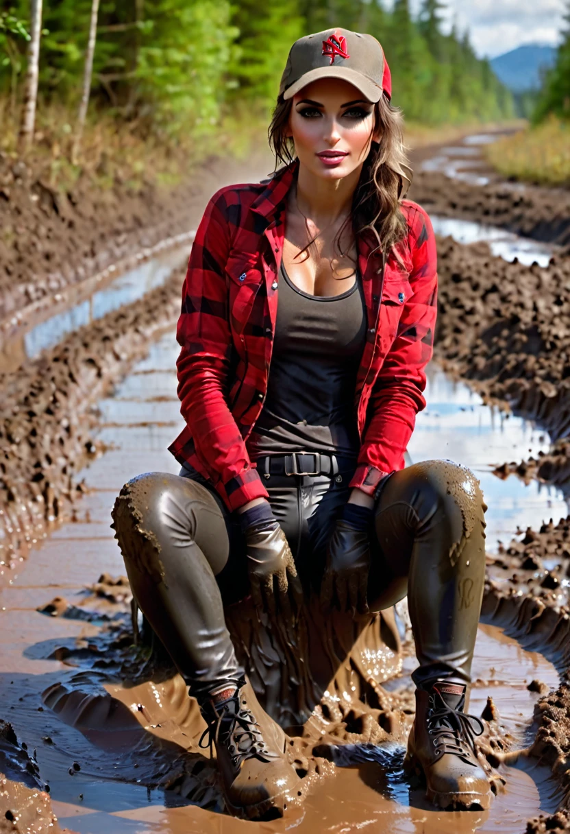 (Slim sexy body girl, long legs), hiking boots, (very muddy washed-out black dirty long tight jeggings:1.5), (open khaki military long sleeves jacket), (wet tight red checkered shirt with cleavage), (baseball cap), (leather gloves). (sitting on mud, spreading legs wide showing crotch). Ultra-realistic. Vibrant colors. Sunny.
