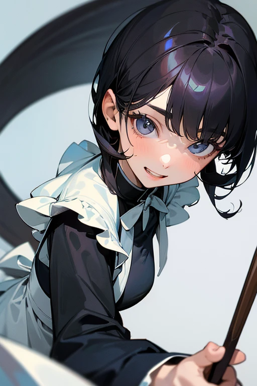 (Highest Resolution, clear_image) highest quality, Single person, One woman, alone, masterpiece, Very detailed, Semi-realistic, Black Hairのショートヘア, Black Hair, bangs, 18-year-old, mature, light blue uniform, uniform, Indoor Background, kind, Authoritative, Powerful, exquisite features, exquisite features、Eyelashes become longer、Showing teeth、smile😀、Maid clothes、woman'Fingers in the、Sleeping on the sofa、