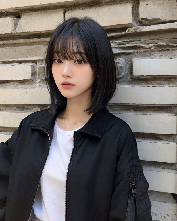 (Highly realistic photos, concentrate、High resolution, Detailed face, Detailed Hair,fine grain), ((Shooting in front of a wall))、Japanese women, 20-year-old, various expressions, Upper Body、alone:1, Slim figure,((Wearing a black jacket))、Only one person is in the photo、Natural look、(Light bangs、Shortcuts、Black Hair,)