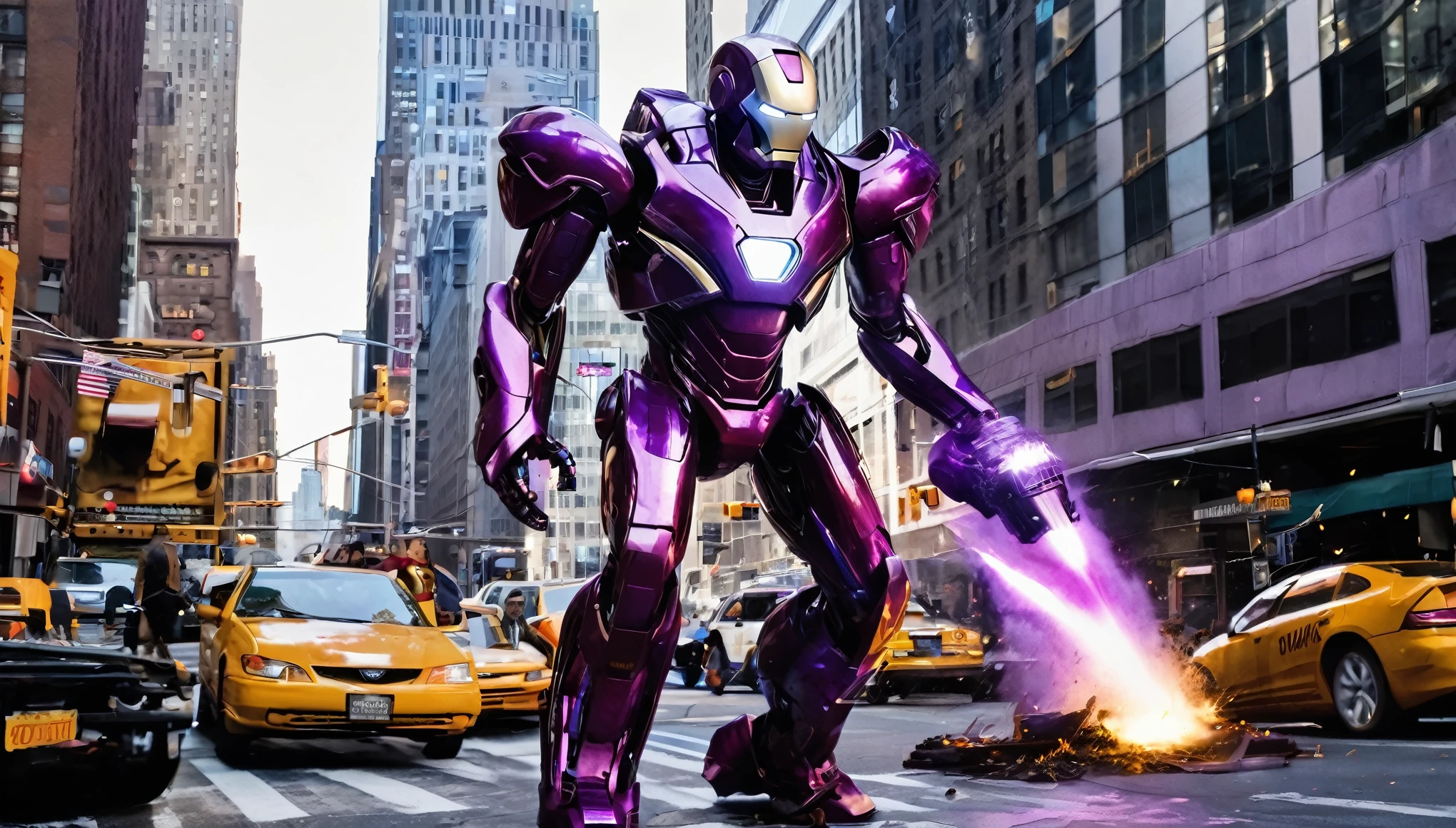 A alien violet gradient liquid metal robot wields terrible weapons to battle Marvel's Iron Man, downtown new york