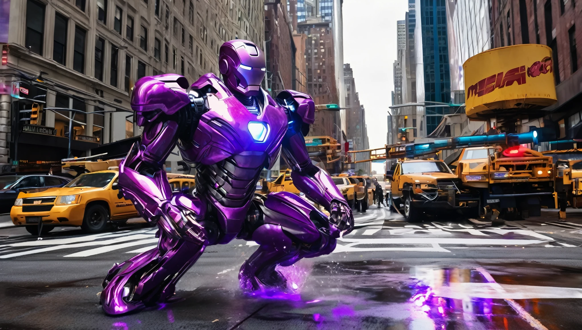 A alien violet gradient liquid metal robot wields terrible weapons to battle Marvel's Iron Man, downtown new york