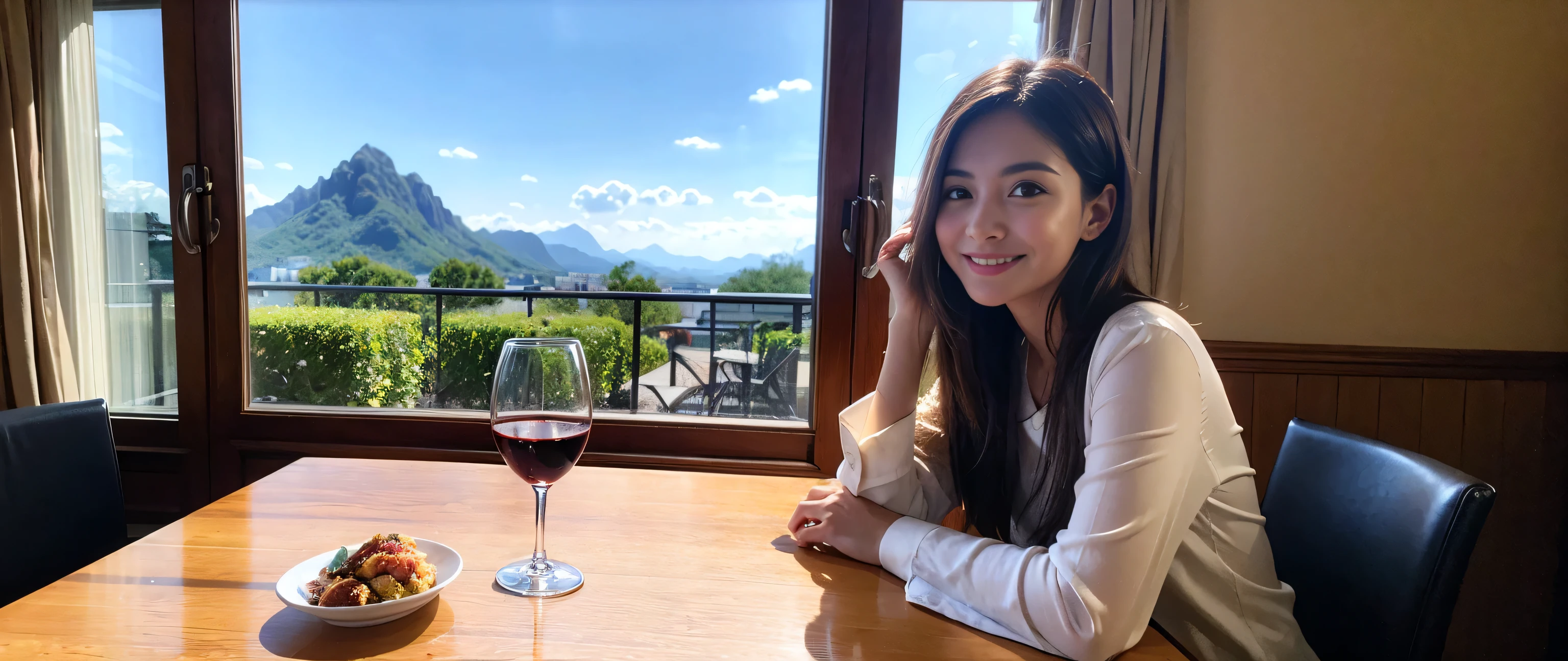 ((highest quality、8k、masterpiece:1.3))、Sharp focus:1.2、Beautiful woman perfect body:1.4、Slim body、((Bob Hale、Straight hair:1.2))、(to be born, highest quality, masterpiece:1.5), (Realistic, Intricate details:1.2), Wine glass on the table、Put the light on your face、 Amazing view of the sunset sky and clouds、Amazing mountain views、A bright smile、A lovely woman with a smile、Bright image、2. The beauty of wine, Beautiful Face, blue eyes, The light shines on your face, Blushing, short hair,Bright Face、Fox face、 (43 years old), 39 years old, Lady、red wine 、Appetizers、Italian food、Wine bottle、Champagne、sparkling wine、Two beauties、Brown Hair、Shortcuts、Long sleeve shirt、dress、Pretty Woman 1, (Slim face), (The body is slim), (Brown Hair), (Shortcuts), cheeks turn a little red,Attractive beauty、, Out of the window, A beautiful and detailed night view unfolds.........., restaurant, In a prominent place (From the waist up) Nova Frog Style, actress, model, Upper Body, White wine, slim, wine glass, Wine glass placed in the center, smile, (smile: 1.15), Beautiful fine grain, Depth f/2,saturation, High Contrast, Strong light and shadow,Moist Body:1.5、3D texture、Delicate eyes、Brown Hair、The hair is very shiny、