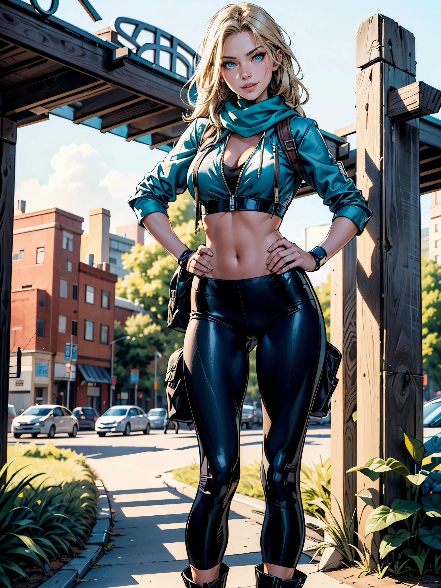 Only one woman with long straight light blonde hair.  Bright and expressive blue eyes.  She opted for black leggings, a hoodie and a scarf.  She was wearing hiking boots, big hip, long legs. Busty. Beautiful woman. Comic style, marvel comics  smirk, sultry look, seductive, 