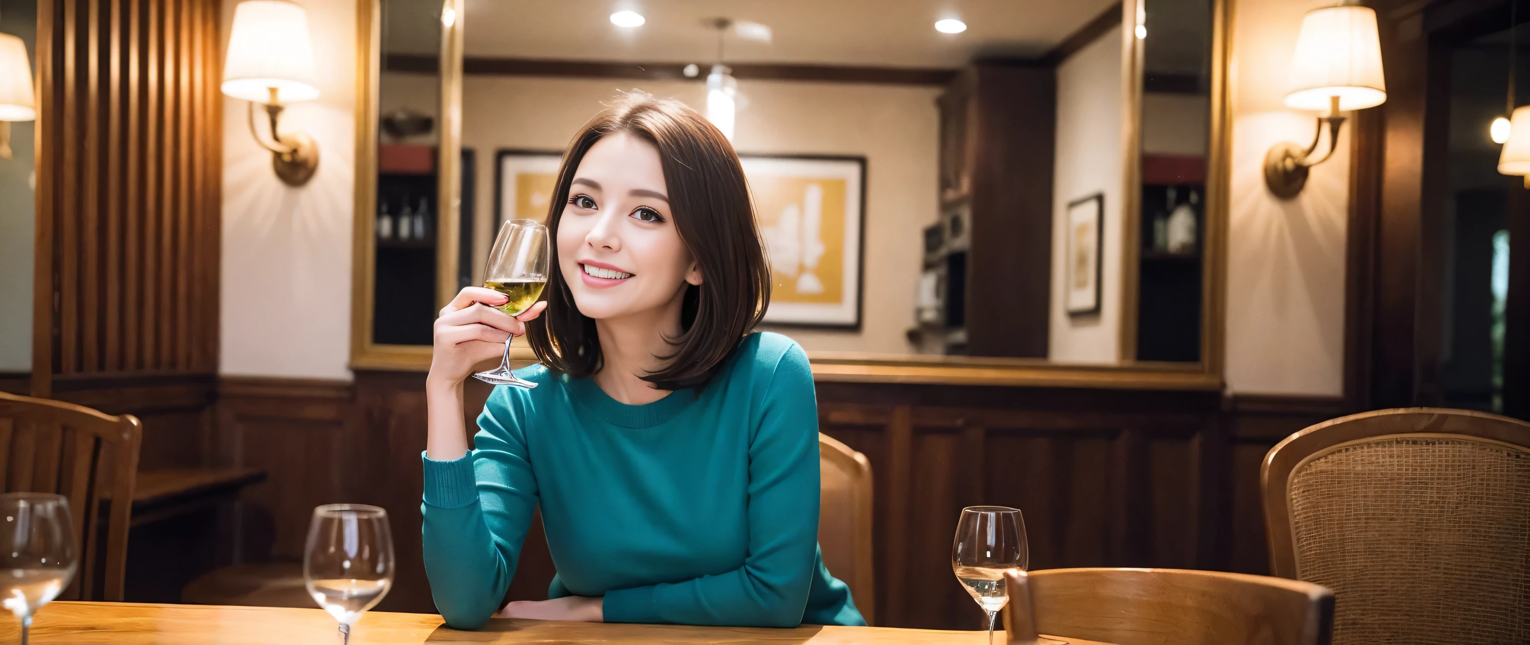 ((highest quality、8k、masterpiece:1.3))、Sharp focus:1.2、Beautiful woman perfect body:1.4、Slim body、((Bob Hale、Straight hair:1.2))、(to be born, highest quality, masterpiece:1.5), (Realistic, Intricate details:1.2), Wine glass on the table、Put the light on your face、 Amazing view of the sunset sky and clouds、Amazing mountain views、A bright smile、A lovely woman with a smile、Bright image、2. The beauty of wine, Beautiful Face, blue eyes, The light shines on your face, Blushing, short hair,Bright Face、Fox face、 (43 years old), 39 years old, Lady、red wine 、Appetizers、Italian food、Wine bottle、Champagne、sparkling wine、Two beauties、Brown Hair、Shortcuts、Long sleeve shirt、dress、Pretty Woman 1, (Slim face), (The body is slim), (Brown Hair), (Shortcuts), cheeks turn a little red,Attractive beauty、, Out of the window, A beautiful and detailed night view unfolds.........., restaurant, In a prominent place (From the waist up) Nova Frog Style, actress, model, Upper Body, White wine, slim, wine glass, Wine glass placed in the center, smile, (smile: 1.15), Beautiful fine grain, Depth f/2,saturation, High Contrast, Strong light and shadow,Moist Body:1.5、3D texture、Delicate eyes、Brown Hair、The hair is very shiny、