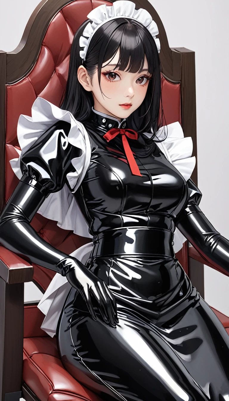 ２５Old Japanese woman、(Beautiful Face)、(Black latex maid outfit)、Black latex long skirt、Black latex long sleeve shirt、Long gloves in black latex、Latex has a very strong shine、Diagonal Composition、Sitting in a chair