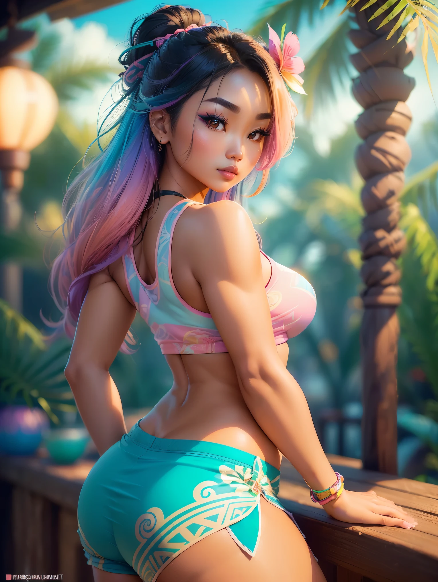 (Sexy tanned Polynesian|Asian woman, thicc hourglass figure, perfect eyeliner:1.2), (masterpiece:1.4, best quality), medium breasts, unity 8k wallpaper, ultra detailed, (pastel colors, in tiki bar, wearing gym shorts and colorful tank top:1.3), alluring pose, upper body, ass, beautiful and aesthetic, detailed, solo, soft_light