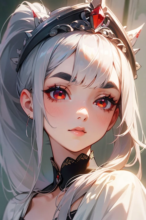 (highest quality, masterpiece:1.2), High resolution, Very detailed, Realistic:1.37, Fantasy, An illustration, Hair is whiteいです、Red eyes、Queen, dress.Platinum decoration、beautifully、Eyeshadow Red、Thick eyebrows、Long eyelashes、pupils are black、Hair is whiteい、Kissing Face、Embarrassing、Loved、ponytail、Hair is white、very cute、Shoulder Bare、platinum tiara、Beautiful hair ornaments、Silver Tiara、Sharpen the face、Adult female、Sharp Face、