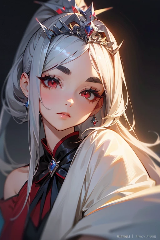 (highest quality, masterpiece:1.2), High resolution, Very detailed, Realistic:1.37, Fantasy, An illustration, Hair is whiteいです、Red eyes、Queen, dress.Platinum decoration、beautifully、Eyeshadow Red、Thick eyebrows、Long eyelashes、pupils are black、Hair is whiteい、Kissing Face、Embarrassing、Loved、ponytail、Hair is white、very cute、Shoulder Bare、platinum tiara、Beautiful hair ornaments、Silver Tiara、Sharpen the face、Adult female、Sharp Face、
