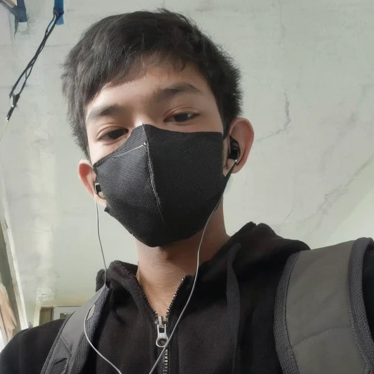 arafed boy wearing a black mask and earphones while standing in a room, wearing all black mempo mask, wearing mask, wearing facemask, with accurate face, wearing a mask, some of them use gask mask, full mask, front profile!!!!, no face mask, facemask, with kind face, clean face, real ungine, ayan nag