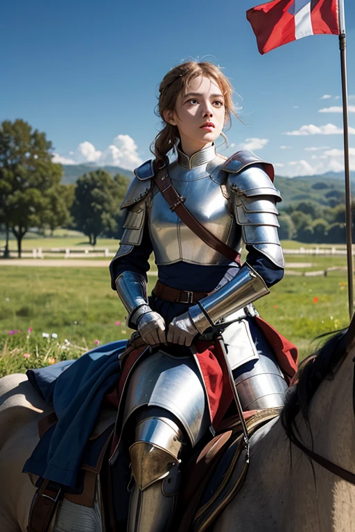 15th Century French Battlefields、Riding a horse with the French flag、Joan of Arc in armour。She commands her troops with a determined look on her face.。