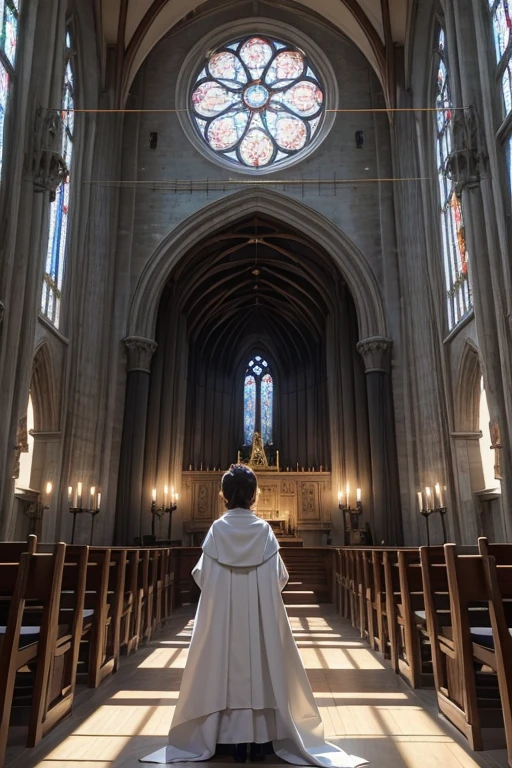 Interior of a medieval French church、god々Surrounded by bright light、聖カタリナと聖ミカエルからのgodの声を聞く若いジャンヌ・ダルク。彼女の顔には決意とgod聖な光が輝いている。