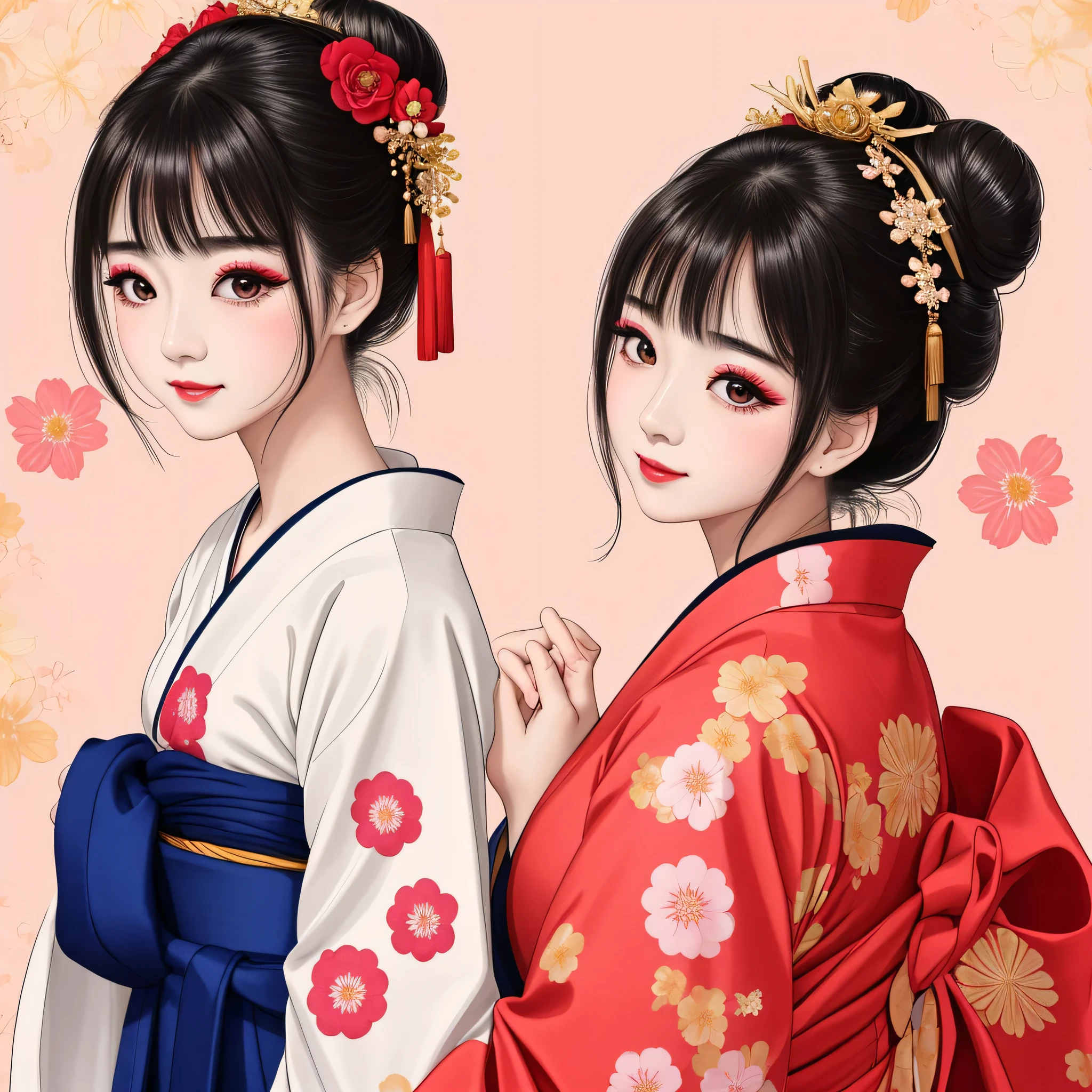 Each has a different expression2People and sisters、(2 girls)、⦅Dancing traditional arts with grace)、((Big Breasts、Small Face、Not exposed))、highest quality、masterpiece、(Black Hair、Bun Hair)、Brown Eyes、⦅Wide angle、Angle from above the waist、Pause on the magazine cover、Their gazes are different, gazing into the distance⦆、(8K High Quality、masterpiece、High resolution、Realistic and beautiful light and shadow、(highest quality)、(High Resolution)、(Very delicate and beautiful)、(Beautiful 8k face)、(With a smile、Beautiful eyes)、(Clear skin)、(Soft hair)、(8Head to Body)、(A Japanese style yukata kimono with red, pink and orange floral patterns on a white background, interspersed with gold powder、Wearing a yukata2Beautiful Japanese girls)、((Tanabata decoration background))、((Small Face))、(arms up)、Thin and small nose、(Red lipstick)、(Make your cheeks red)、(Glossy skin)、((Ink painting style))、Very thin eyebrows、Overall ultra-high image quality、(She is wearing maiko-style makeup.)、Whitening、Long and beautiful eyelashes、Glowing Skin、(Red cheeks),Straight nose、masterpiece、highest quality、whole body、 Eyebrows visible through hair、Bun Hair、Grin、Gal、Gal、Viewer's Eyes、Plaid、Stylish、woman、fine、Pause、
Waiting to start