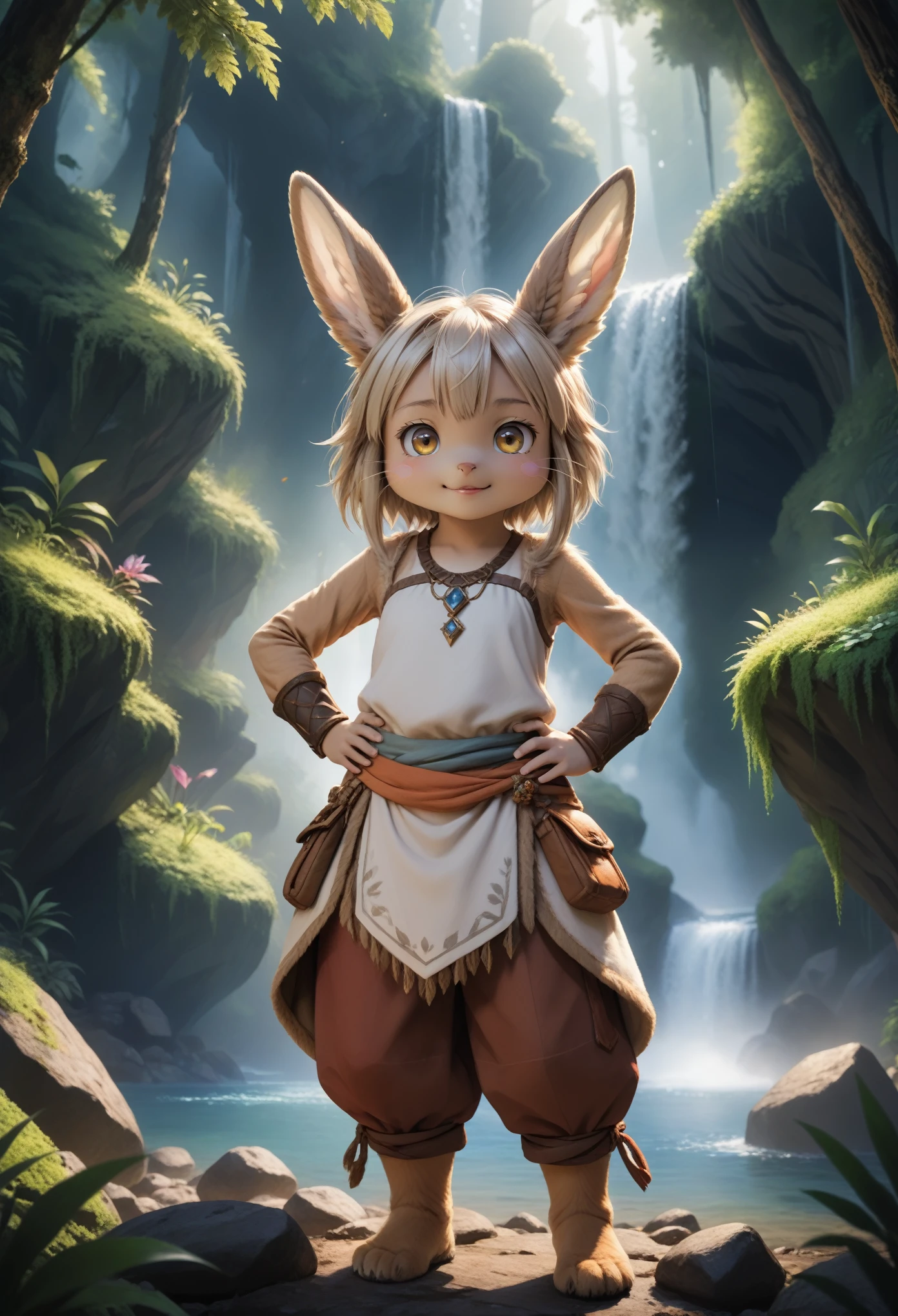 made in abyss, solo (nanachi:1.25), fluffy, (loincloth:1.3), claws, pose, flat chested, happy, v sign, hand on hips, half-length portrait, three-quarter view, BREAK, leaf, plant, cave, forest, water, watefall, crystal, masterpiece, best quality, 4k, 2k, high detail, absurd res, solo