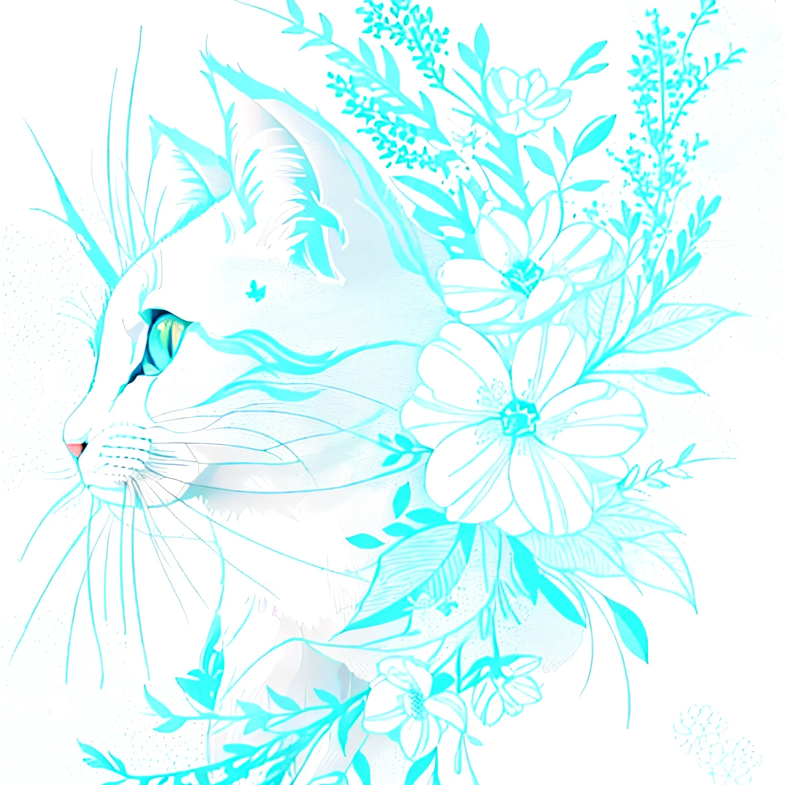 Cat coloring page with flowers and leaves, Line art coloring pages, Clean ink and delicate line drawing, Very detailed ink line drawing, highly detailed line, Ink Outline, clean line, Outline Sketch, expressive line, stylized line, line art illustration, Super detailed line art, extremely detailed line, spontaneous line, line, Contour