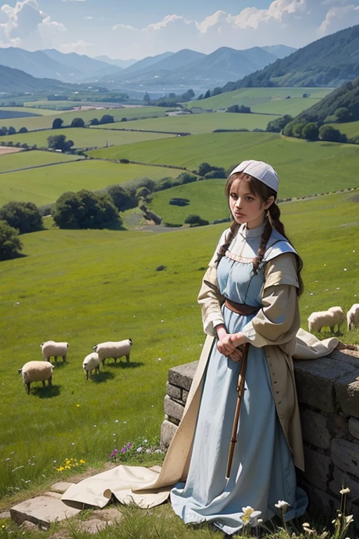 French countryside in the 5th century、Young Joan of Arc watching over sheep in the meadow。She was dressed in simple peasant clothing.、A small village is visible in the background。