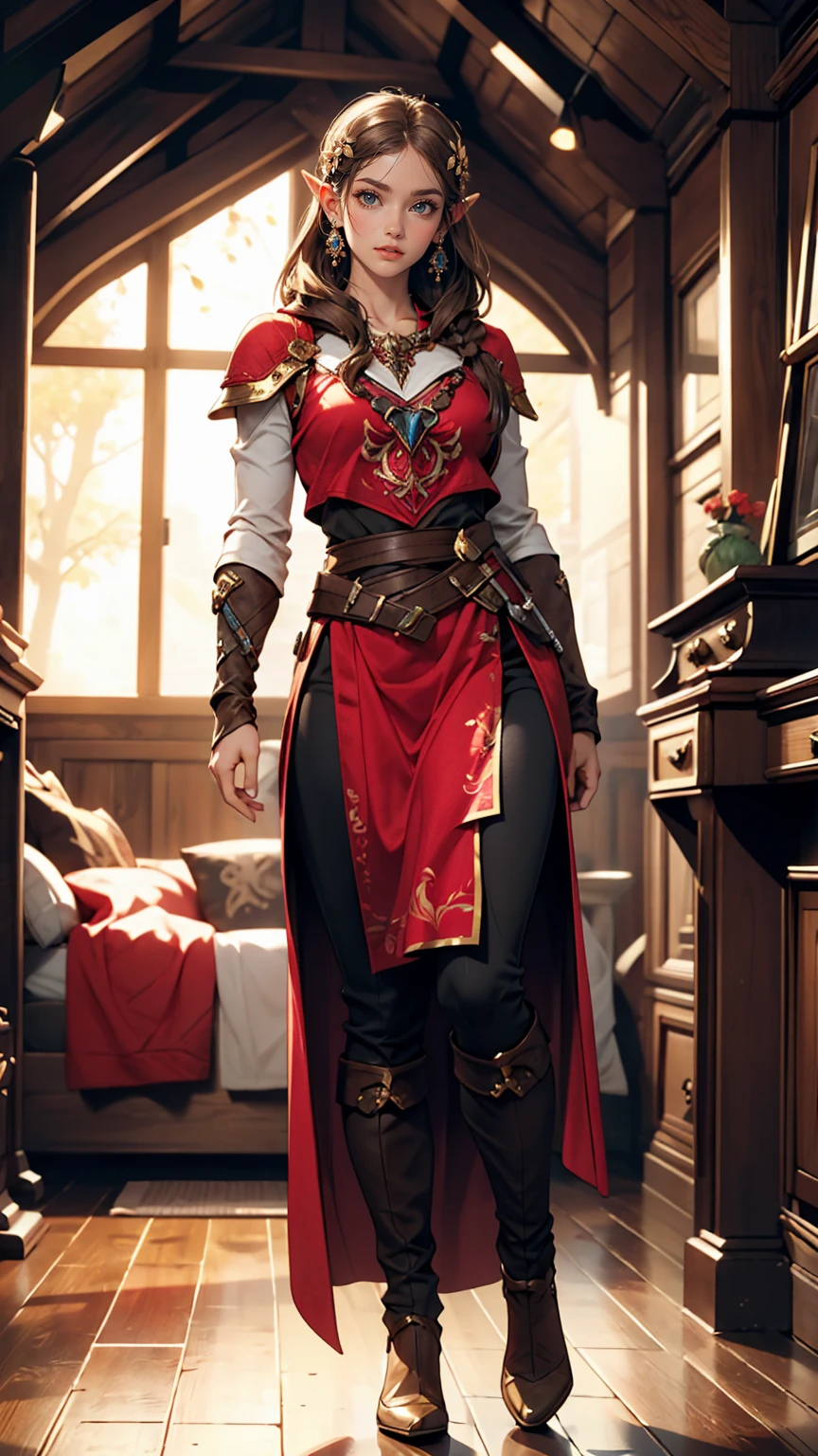 Princess Zelda full body shot, Brown Hair, blue eyes, Dressed as an Assassin's Creed Assassin, white+In gold、whiteいマスクと金色のディテールが施されたフード, XL Bust, Using the Wrist Blade. background: Renaissance city. Unreal Engine 5, anime, anime style, masterpiece, Well drawn eyes, Well-drawn faces, 細部までWell drawn eyes, 細部までWell-drawn faces, 8k, Light and shadow effects.