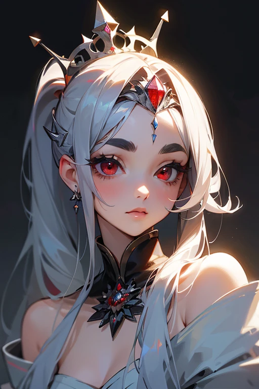 (highest quality, masterpiece:1.2), High resolution, Very detailed, Realistic:1.37, Fantasy, An illustration, Hair is whiteいです、Red eyes、Queen, dress.Platinum decoration、beautifully、Eyeshadow Red、Thick eyebrows、Long eyelashes、pupils are black、Hair is whiteい、Kissing Face、Embarrassing、Loved、ponytail、Hair is white、very cute、Shoulder Bare、platinum tiara、Beautiful hair ornaments、Silver Tiara、Sharpen the face、Adult female、Sharp Face、