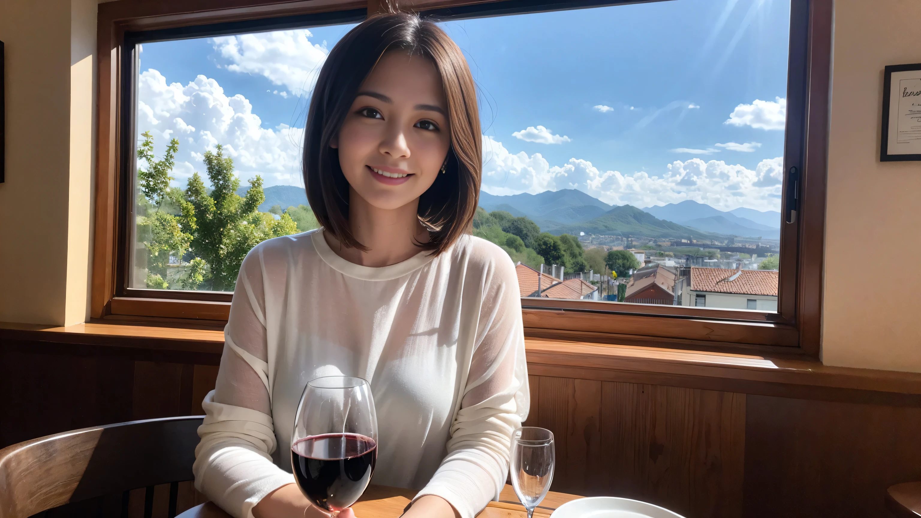 ((highest quality、8k、masterpiece:1.3))、Sharp focus:1.2、Beautiful woman perfect body:1.4、Slim body、((Bob Hale、Straight hair:1.2))、(to be born, highest quality, masterpiece:1.5), (Realistic, Intricate details:1.2), Ultra-high resolution, Shine light on your face、Amazing view of the sunset sky and clouds、Amazing mountain views、A bright smile、wine glass、red wine 、Appetizers、Italian food、Wine bottle、Champagne、sparkling wine、, Beautiful Face, blue eyes, The light shines on your face, Blushing, short hair,Bright Face、Fox face、 (36 years old), 39 years old, Lady、Two beauties、Brown Hair、Shortcuts、Long sleeve shirt、dress、Pretty Woman 1, (Slim face), (The body is slim), (Brown Hair), (Shortcuts), cheeks turn a little red,Attractive beauty、, Out of the window, A beautiful and detailed night view unfolds.........., restaurant, In a prominent place (From the waist up) Nova Frog Style, actress, model, Upper Body, White wine, slim, wine glass, Wine glass placed in the center, smile, (smile: 1.15), Beautiful fine grain, Depth f/2,saturation, High Contrast, Strong light and shadow,Moist Body:1.5、3D texture、Delicate eyes、Brown Hair、The hair is very shiny、