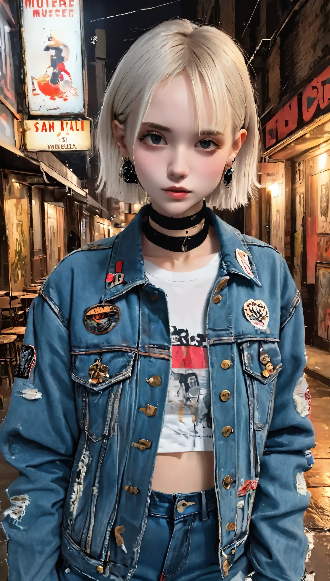 (masterpiece:1.2, highest quality), (1 Female, alone, Upper Body:1.2), hair: Shaved head, clothing: Extra Large, Distressed denim jacket with patches and pins, Pair it with black skinny jeans and combat boots., accessories: Silver hoop earrings and a black choker necklace, Visit underground music venues and street art exhibitions
