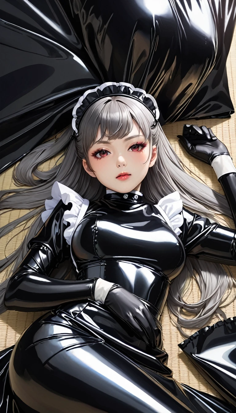 25Old Japanese woman、(Beautiful Face)、(Black latex maid outfit)、Black latex long skirt、Black latex long sleeve shirt、Long gloves in black latex、Latex has a very strong shine、Diagonal Composition