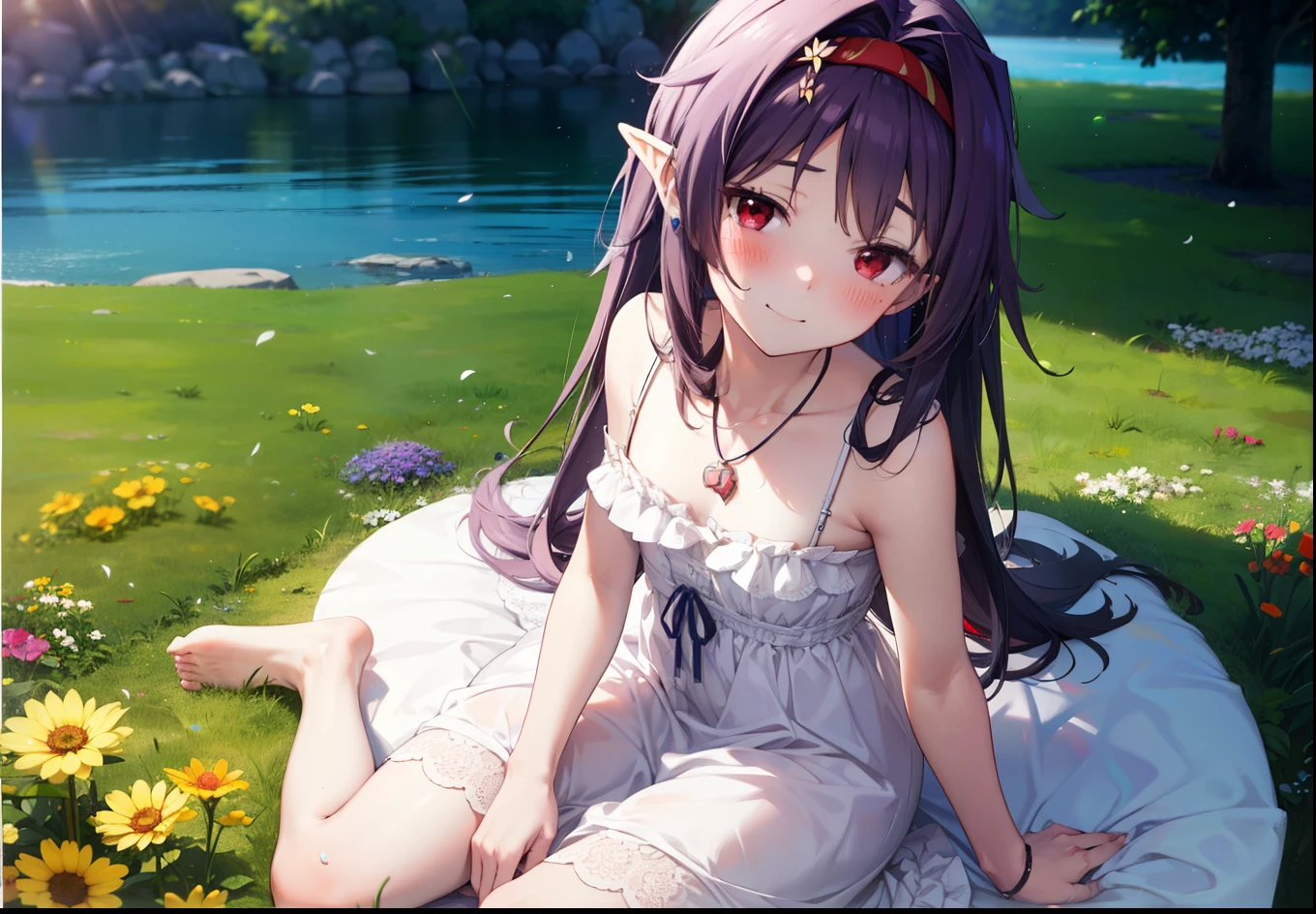 yuukikonno, Konno Yuuki, hair band, Long Hair, Pointed Ears, Purple Hair, (Red eyes:1.5), (Small breasts:1.2), Squint both eyes,blush,happy smile, smile, Close your mouth,White sleeveless dress,Bare arms,Heart Pendant,Long skirt,Barefoot flower crown,whole bodyがイラストに入るように,Sitting,Looking up from below,
break looking at viewer, whole body,
break outdoors, nature,Flower Field,Large Lake,
break (masterpiece:1.2), highest quality, High resolution, unity 8k wallpaper, (figure:0.8), (Beautiful fine details:1.6), Highly detailed face, Perfect lighting, Highly detailed CG, (Perfect hands, Perfect Anatomy),
