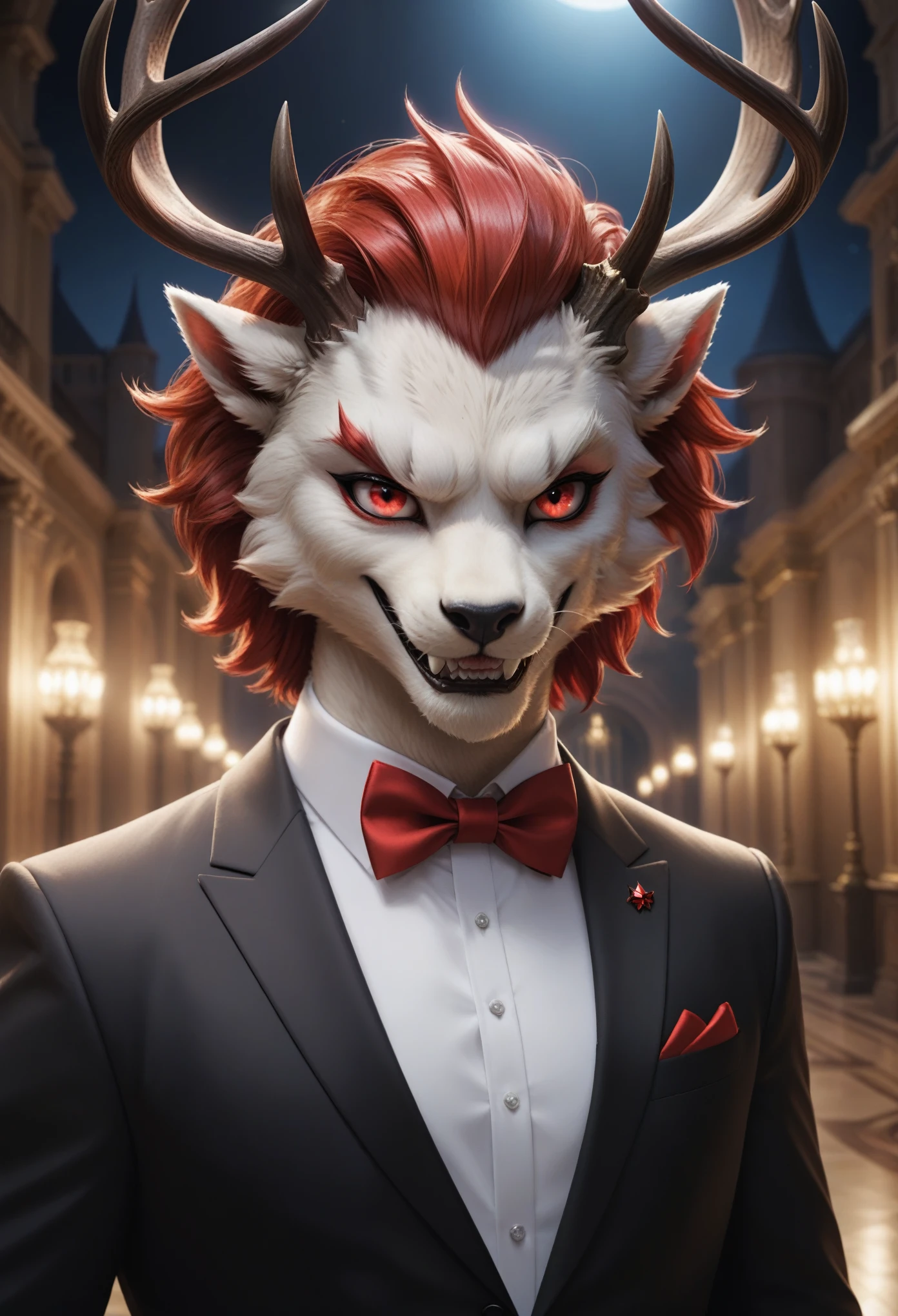  Alastor (radio demon) Hazbin hotel, perfect anatomy, mesmerizing red eyes, antlers, 8k resolution, (Single person), masterpiece, (perfect face:1.2), intricate details, luxury detailed palace background, 32k, cinematic lighting, volumetric lighting, masterpiece, best quality, 1guy, solo, animal ears, sharp teeth, red eyes, bow, smile, looking at viewer, slit pupils, bowtie, red hair, grin, multicolored hair, jacket, suit , cartoon