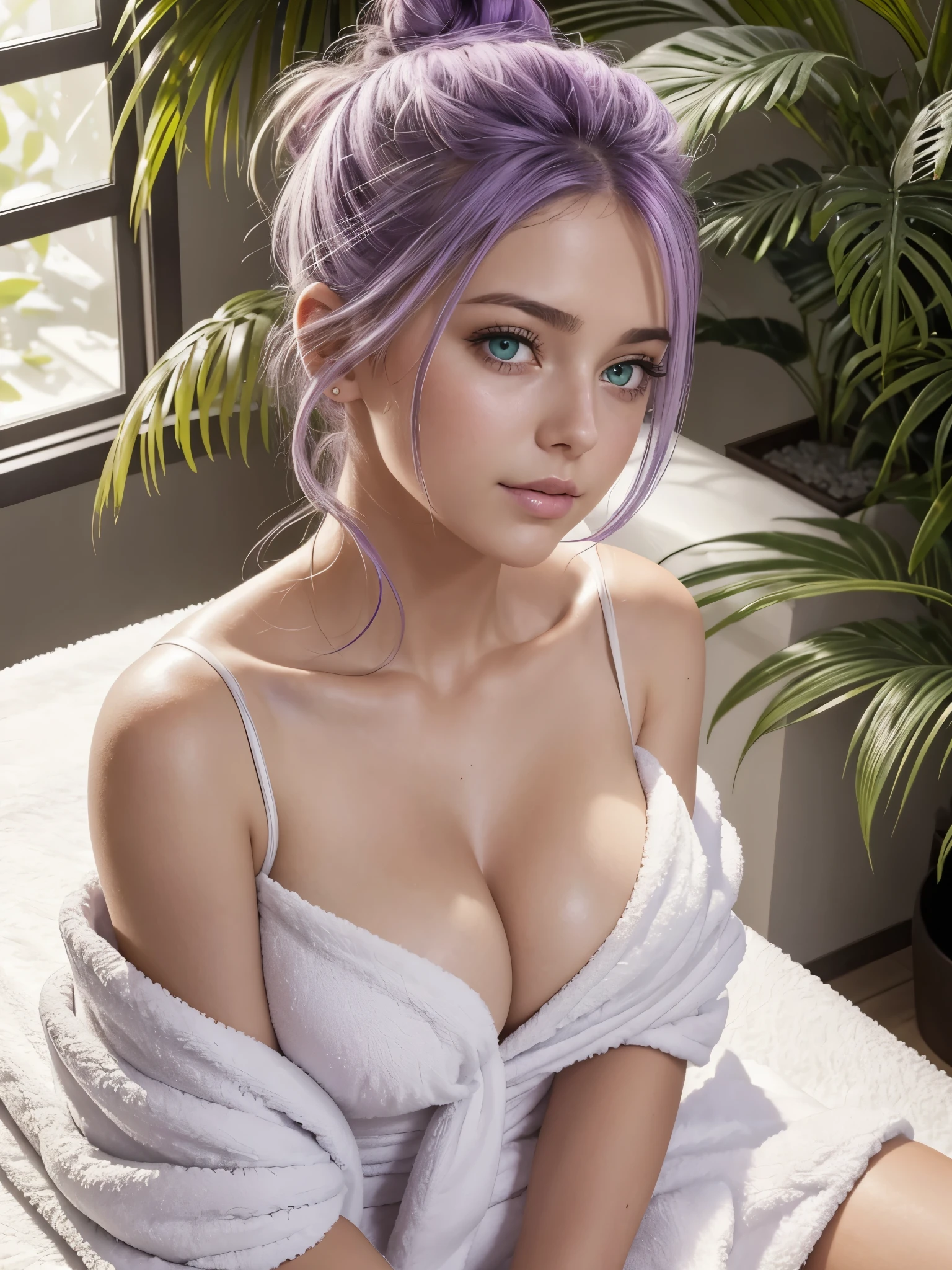 one American girl, realistic green eyes, long light purple lilac hair in a messy bun, plump lips,wearing white fluffy towel tied above chest, sitting leaning propped up on massage table, pov from above, soft smile, shiny sweaty skin, in a spa, plants in the corner of the room, non-nude, not naked, towel covering breasts, looking up at viewer, close up+