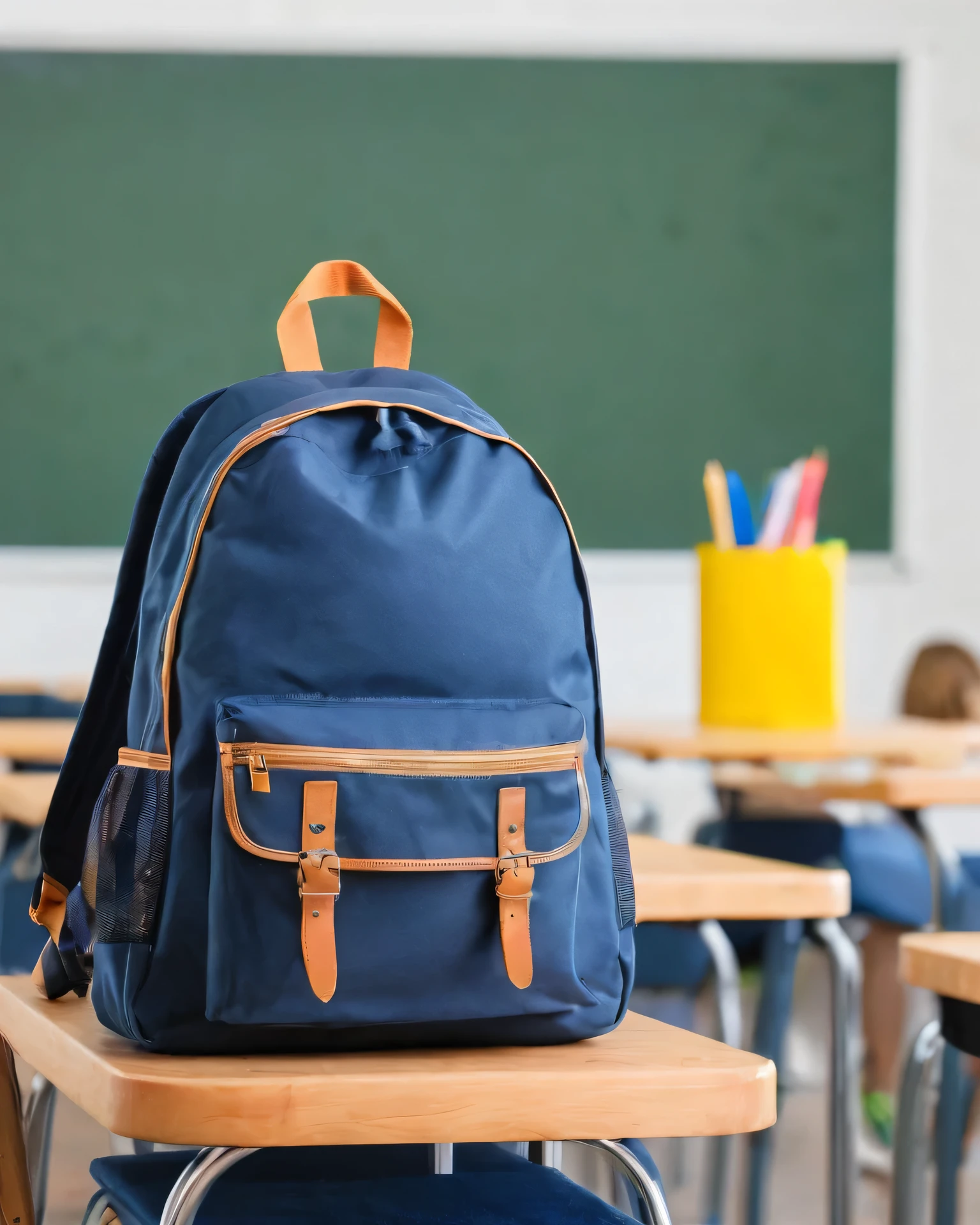image of a school backpack in the foreground. the backpack is on the table, background school board with lesson