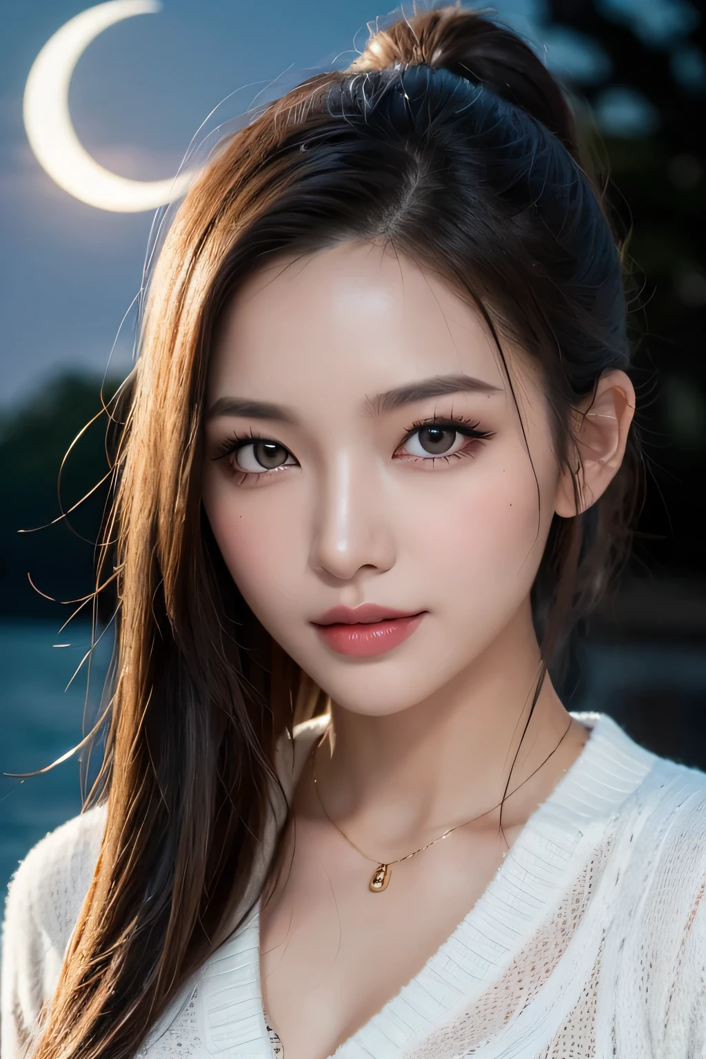 Body portrait, 8K, big and beautiful eyes, crisp double eyelids, Dindal effect, masterpiece, top quality, high quality, high resolution, highly detailed photos, (natural skin texture, fine skin, hyper realism, super sharpness), high detail skin, (very fine, fine skin texture, intricate detail, beautiful face, (realistic face), realistic eyes, beautifully detailed eyes, realistic skin, beautiful skin, ultra-reality , very detailed, golden ratio, ponytail, smiling eyes, ((night moonlight background) )), body portrait, G cup, big breasts, huge breasts, big breasts, glamorous, oily skin, shiny skin, sexy knit sweater, wet,