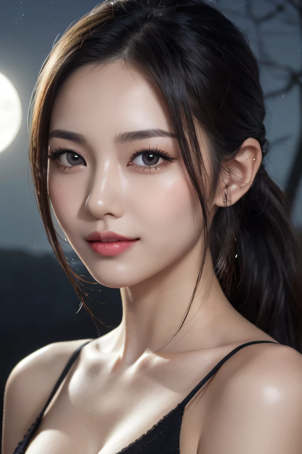 Body portrait, 8K, big and beautiful eyes, crisp double eyelids, Dindal effect, masterpiece, top quality, high quality, high resolution, highly detailed photos, (natural skin texture, fine skin, hyper realism, super sharpness), high detail skin, (very fine, fine skin texture, intricate detail, beautiful face, (realistic face), realistic eyes, beautifully detailed eyes, realistic skin, beautiful skin, ultra-reality , very detailed, golden ratio, ponytail, smiling eyes, ((night moonlight background) )), body portrait, G cup, big breasts, huge breasts, big breasts, glamorous, oily skin, shiny skin, sexy knit sweater, cleavage, wet,