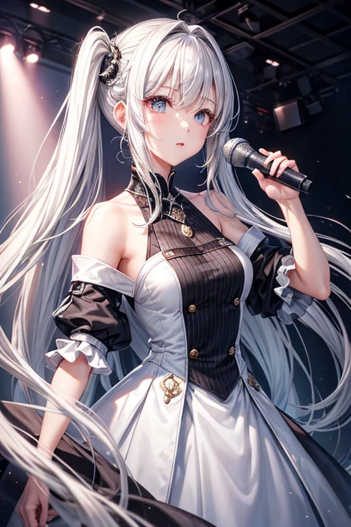 Hairstyle with all hair swept back、Silver hair back、male、Her hair is shoulder-length、Strange Eyealeの左目赤色、male右目青、Increase the wide angle、Clear Eyes、Background white、Rock vocalist、Sing with a microphone、