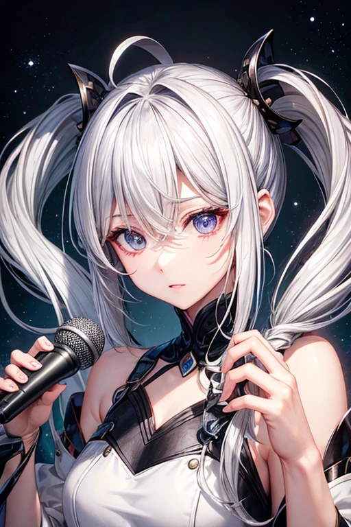 Hairstyle with all hair swept back、Silver hair back、male、Her hair is shoulder-length、Strange Eyealeの左目赤色、male右目青、Increase the wide angle、Clear Eyes、Background white、Rock vocalist、Sing with a microphone、