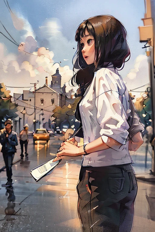 name: "Connection of souls"
material: acrylic on canvas Size: 70x100 cm Idea: This painting represents a powerful connection between two people. Beautiful Asian woman with long, With stunning straight dark brown hair, she looks like the epitome of grace and beauty. She is wearing a white medical coat, which flutters easily in the wind, and under it - stylish ordinary clothes, highlighting her confidence. Her boyfriend is standing next to her, dark short-haired brunette in light clothes, reminiscent of assassin paraphernalia, symbolizing his strength and determination. They stand against a bright background, abstract landscape, filled with bright colors and symbolizing the diversity of their world. Their views are filled with mutual understanding and love, creating the impression of an irresistible connection between their souls.