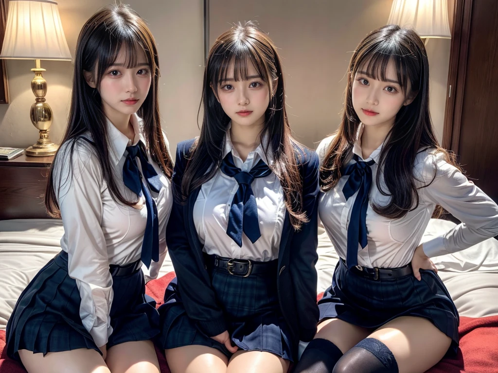 (8K, Raw photography, top-quality, masterpiece:1.2), master piece, best quality, illustration, Super detailed, fine details, High resolution, 8K,wall paper, perfect dynamic composition,(Details High quality, realistic depiction of eyes:1.3), ((2 girls, 2 girls)), The background is a luxury hotel room、High school girl uniform、blazer 、Super Short Check Uniform Skirt、Navy blue high socks、garterbelts、Colossal tits、Disturbed uniform, Play with each other,Touching each other's bodies,Touching the body of the girl next door, short bob hair, black hair color, huge breasts, Big Natural Color Lip, bold sexy pose, (perfect body shape), crying a little、cold gaze, Beautiful makeup,glitter makeup,Cutest 18 years old, beautiful legs, hposing Gravure Idol, Voluptuous thighs