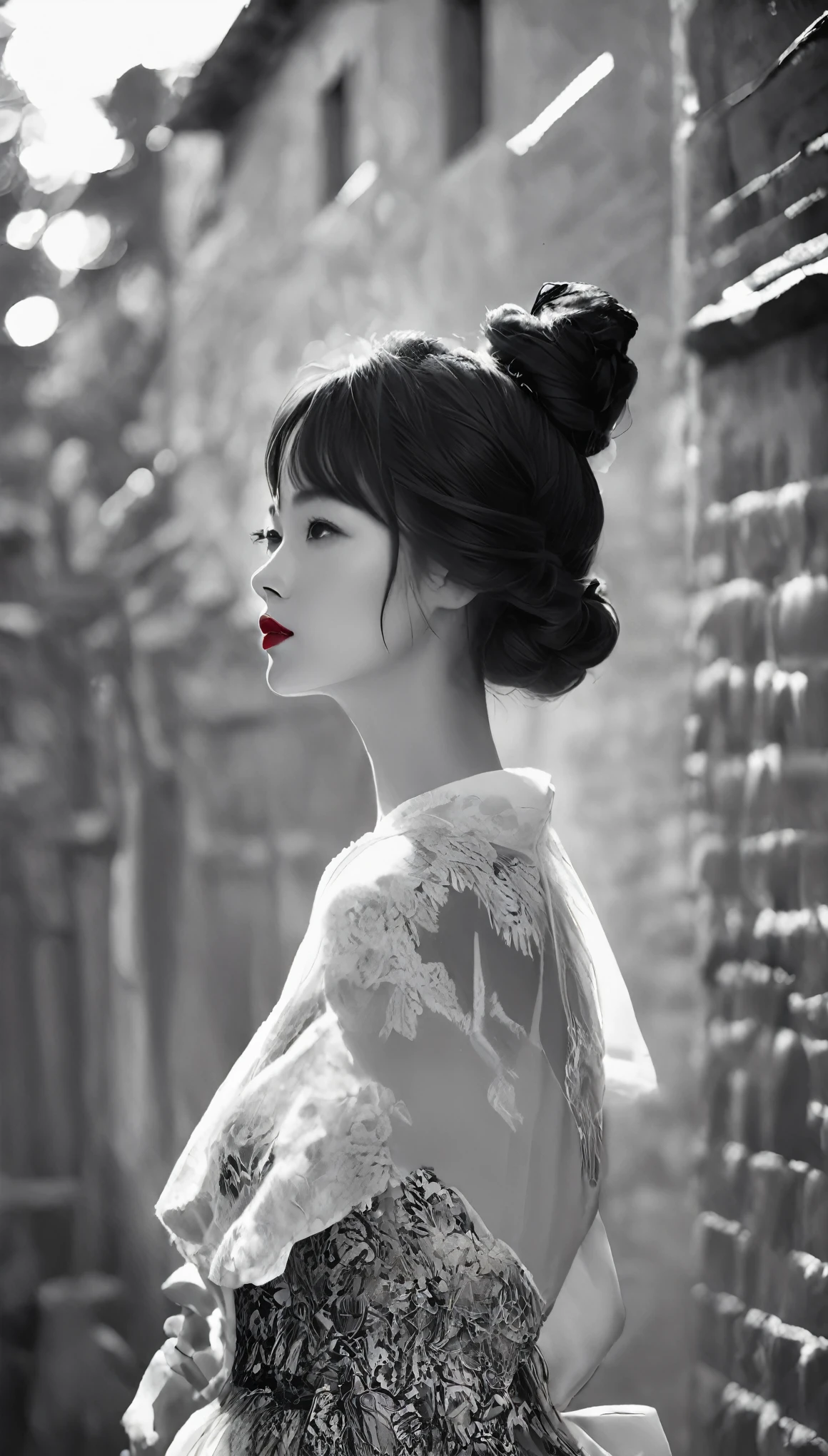 (((Black and white art:1.2、Black and white photography、RAW Photos、Film Grain)))、1960Beautiful woman of the year、Small Nose、((Fuller lips、Attractive red lips:1.3))、Attractive hairstyle、dress、highest quality、High resolution、High resolution、Cinema Lighting、Black and white photography、Professional Photographer