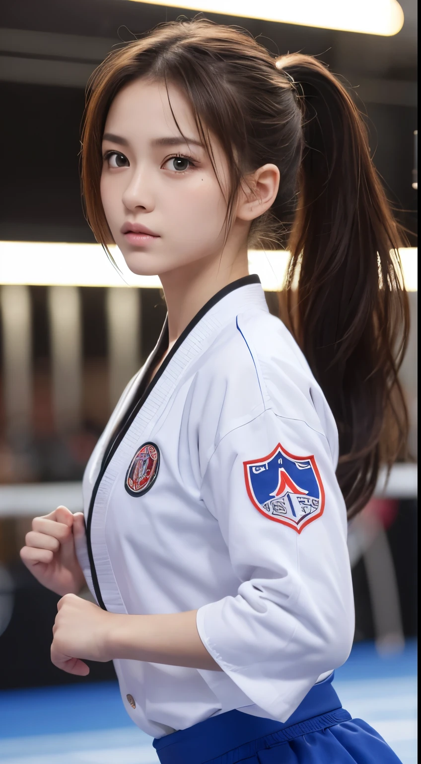 (RAW Photos:1.2), (Realistic), Beautiful detailed girl, Very detailed eyes and face, Beautiful and beautiful eyes, Large file size, High resolution, Very detailed, highest quality, [Tabletop:1.6], shape, Very detailed, The finer details, highest quality, 8K Dende Wallpaper, Cinema Lighting,Fighting arena in the background、20 year old slim and muscular woman, Female Fighter, Karate pose, Outdoor Martial Arts Tournament, hang on, Uniform, 彼女の柔Uniform, ponytail, Serious expression, The body is slim, Young Face, , Stadium
