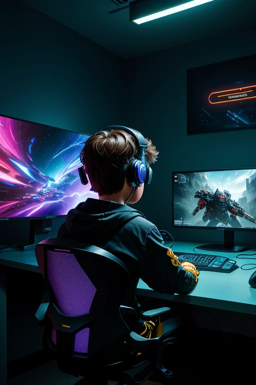 A 9-year-old boy with short, neatly cut brown hair and brown eyes is seen from behind, sitting at a desk engrossed in a late-night gaming session. The room around him is dimly lit, with only the glow of the screen illuminating his face. He is wearing a virtual reality headset, fully immersed in the virtual world displayed on the futuristic gaming console in front of him. The graphics on the screen are in stunning HD, showcasing vivid and lifelike details. Neon-colored gaming peripherals are scattered around the desk, adding a touch of futuristic flair to the scene. The boy's intense focus is palpable as he navigates through the immersive gaming experience, completely lost in the virtual realm. The entire scene is captured in
