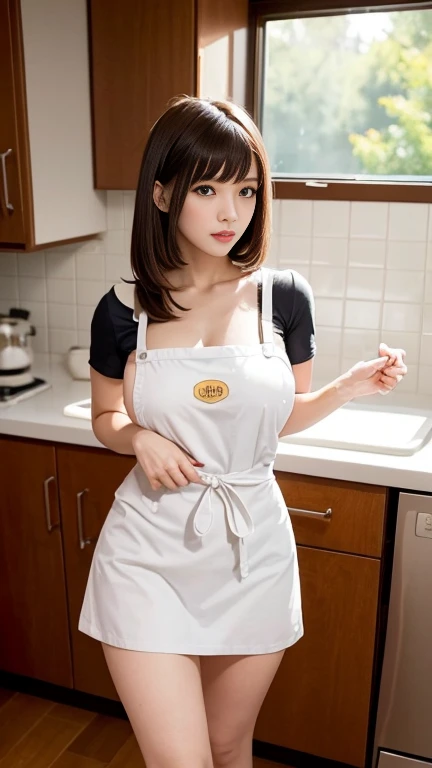 (NSFW:1.0) worms eye view, stunning sexy young female wife, in the kitchen, wearing apron and mini skirt, bob hair style waist-long straight hair with bangs, open legs, sexy pose