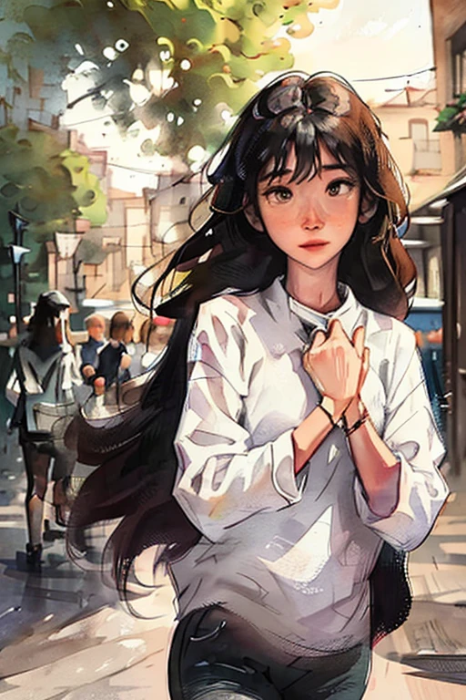 name: "Connection of souls"
material: oil paints on wood Size: 70x100 cm Idea: This painting represents a powerful connection between two people. Beautiful Asian woman with long, With stunning straight dark brown hair, she looks like the epitome of grace and beauty. She is wearing a white medical coat, which flutters easily in the wind, and under it - stylish ordinary clothes, highlighting her confidence. Her boyfriend is standing next to her, dark short-haired brunette in light clothes, reminiscent of assassin paraphernalia, symbolizing his strength and determination. They stand against a bright background, abstract landscape, filled with bright colors and symbolizing the diversity of their world. Their views are filled with mutual understanding and love, creating the impression of an irresistible connection between their souls.