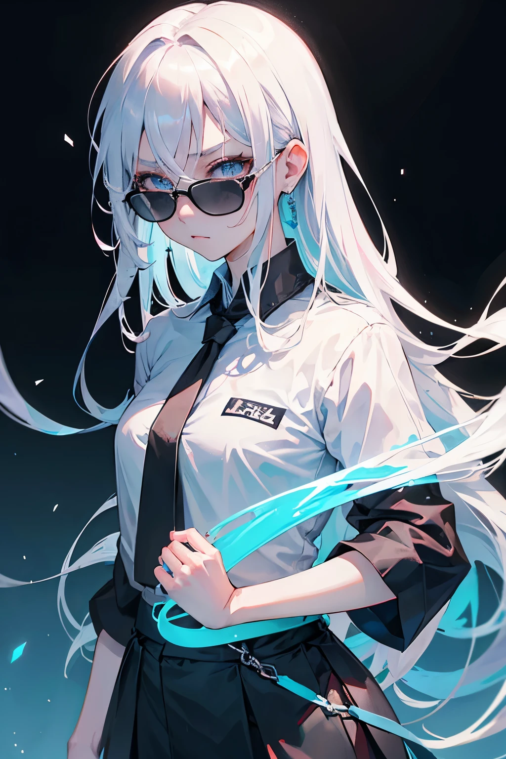 female, female 버전, female, jujutsu kaisen, alone, alone, gray hair, forehead, long hair, white-eyebrows, white eyelashes, light blue eyes, wearing round sunglasses, wearing a black shirt, black sleeves, black clothes, in the classroom, school, high quality, 4K resolution, japanese cartoon movies