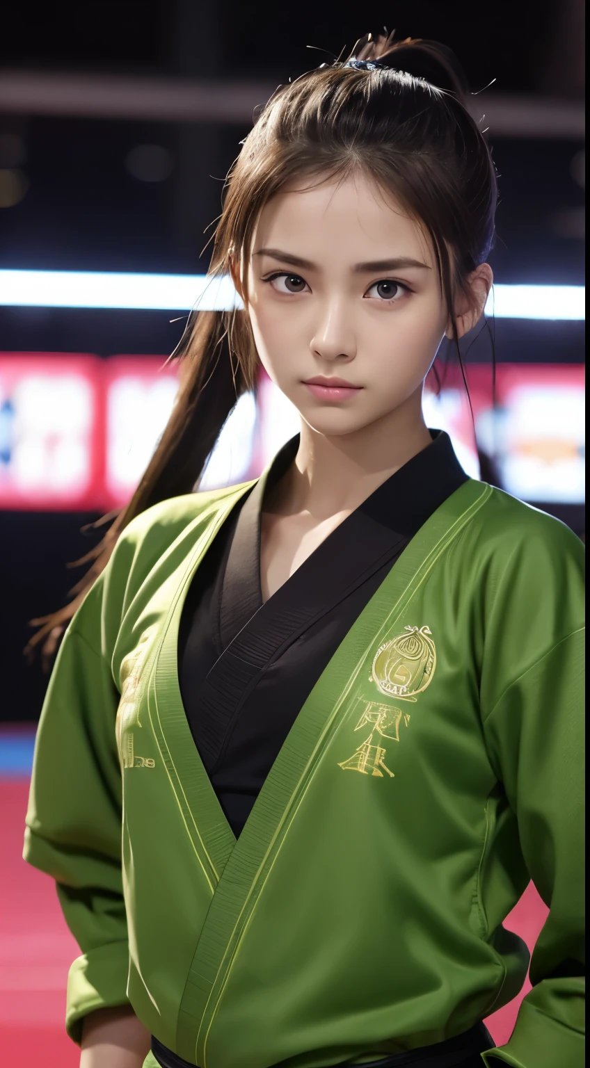 (RAW Photos:1.2), (Realistic), Beautiful detailed girl, Very detailed eyes and face, Beautiful and beautiful eyes, Large file size, High resolution, Very detailed, highest quality, [Tabletop:1.6], shape, Very detailed, The finer details, highest quality, 8K Dende Wallpaper, Cinema Lighting,Fighting arena in the background、20 year old slim and muscular woman, Female Fighter, Karate pose, Outdoor Martial Arts Tournament, hang on, Uniform, 彼女の柔Uniform, ponytail, Serious expression, The body is slim, Young Face, , Stadium