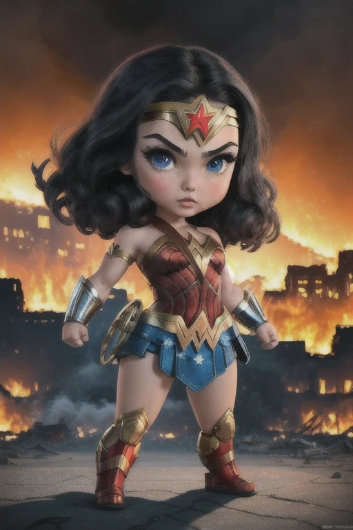 gldot, WonderWaifu cute adorable (chibi:1.2) wonder woman, big head little body pretty face, detailed eyes, intense look, (fighting pose:1.3), (destroyed city, distant fires:1.4), rising smoke, windy dust debris volumetric lighting fog, action camera (masterpiece:1.2) (illustration:1.1) (best quality:1.2) (detailed) (intricate) (8k) (HDR) (wallpaper) (cinematic lighting) (epic movie color grading) (sharp focus) 