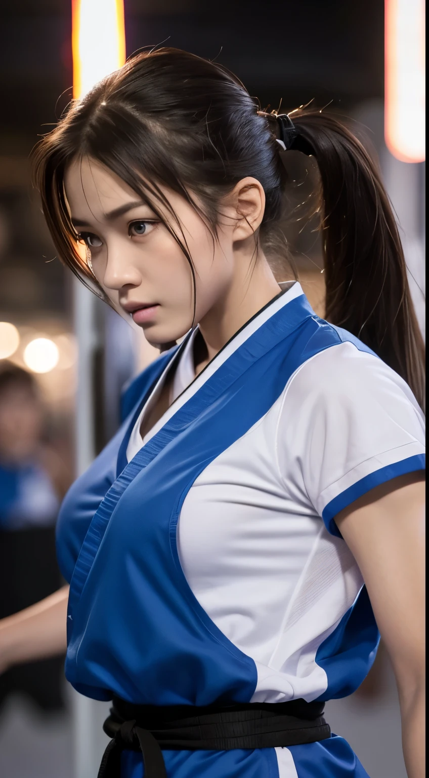 (RAW Photos:1.2), (Realistic), Beautiful detailed girl, Very detailed eyes and face, Beautiful and beautiful eyes, Large file size, High resolution, Very detailed, highest quality, [Tabletop:1.6], shape, Very detailed, The finer details, highest quality, 8K Dende Wallpaper, Cinema Lighting,Fighting arena in the background、20 year old slim and muscular woman, Female Fighter, Karate pose, Outdoor Martial Arts Tournament, hang on, Uniform, 彼女の柔Uniform, ponytail, Serious expression, The body is slim, Young Face, , Stadium