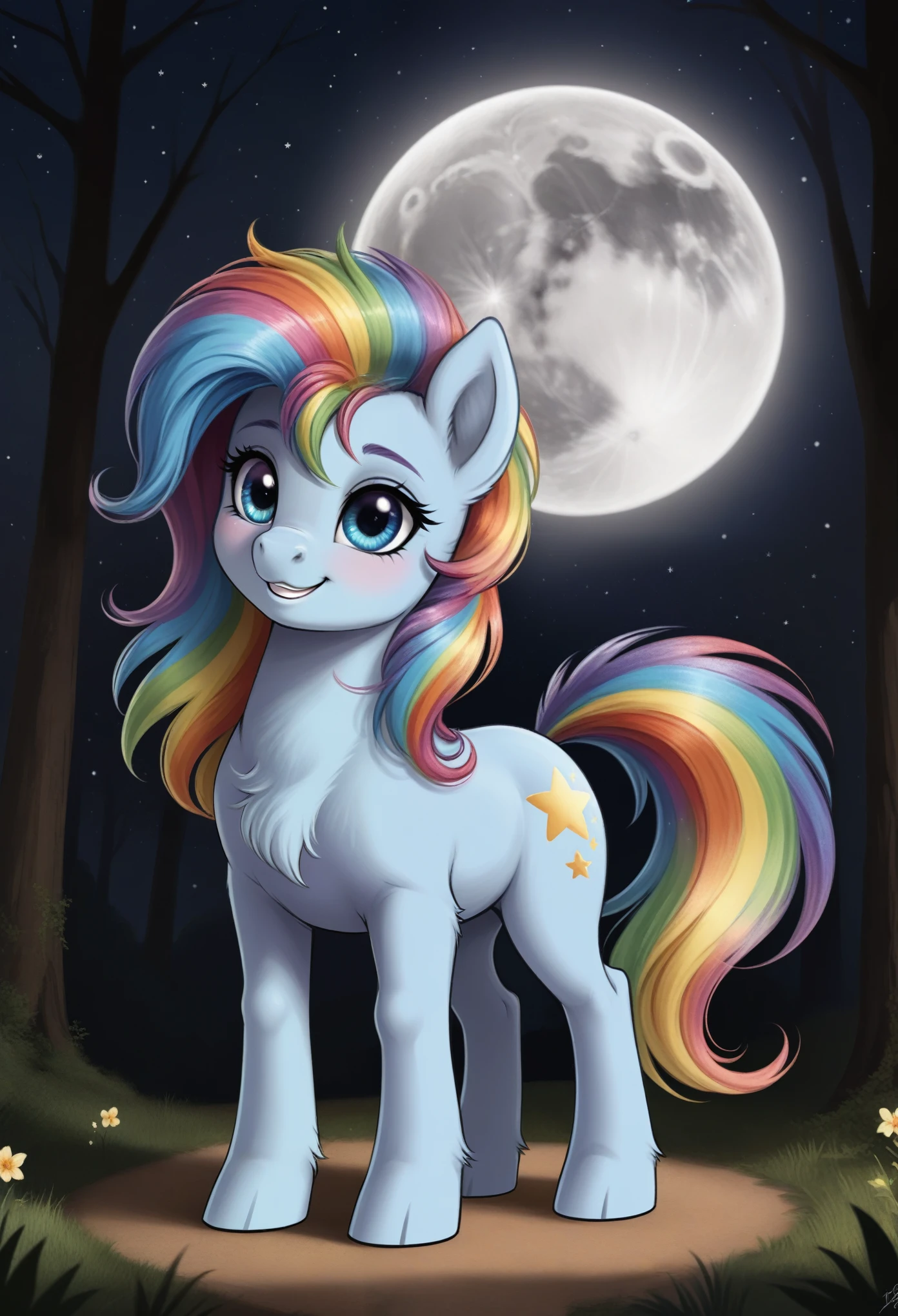 solo, pony, rainbow dash, cute, adorable, wearing emo clothes, looking up, wing fluff, smiling, happy, full body, solo,g4,butt,crescent moon,digital art,dock,ear fluff,ethereal mane,2d, base, full body, full reference,piercings, curly hair, mlp style, pony fluffy, night, forest, galaxy, sky, stars, pencil sketch