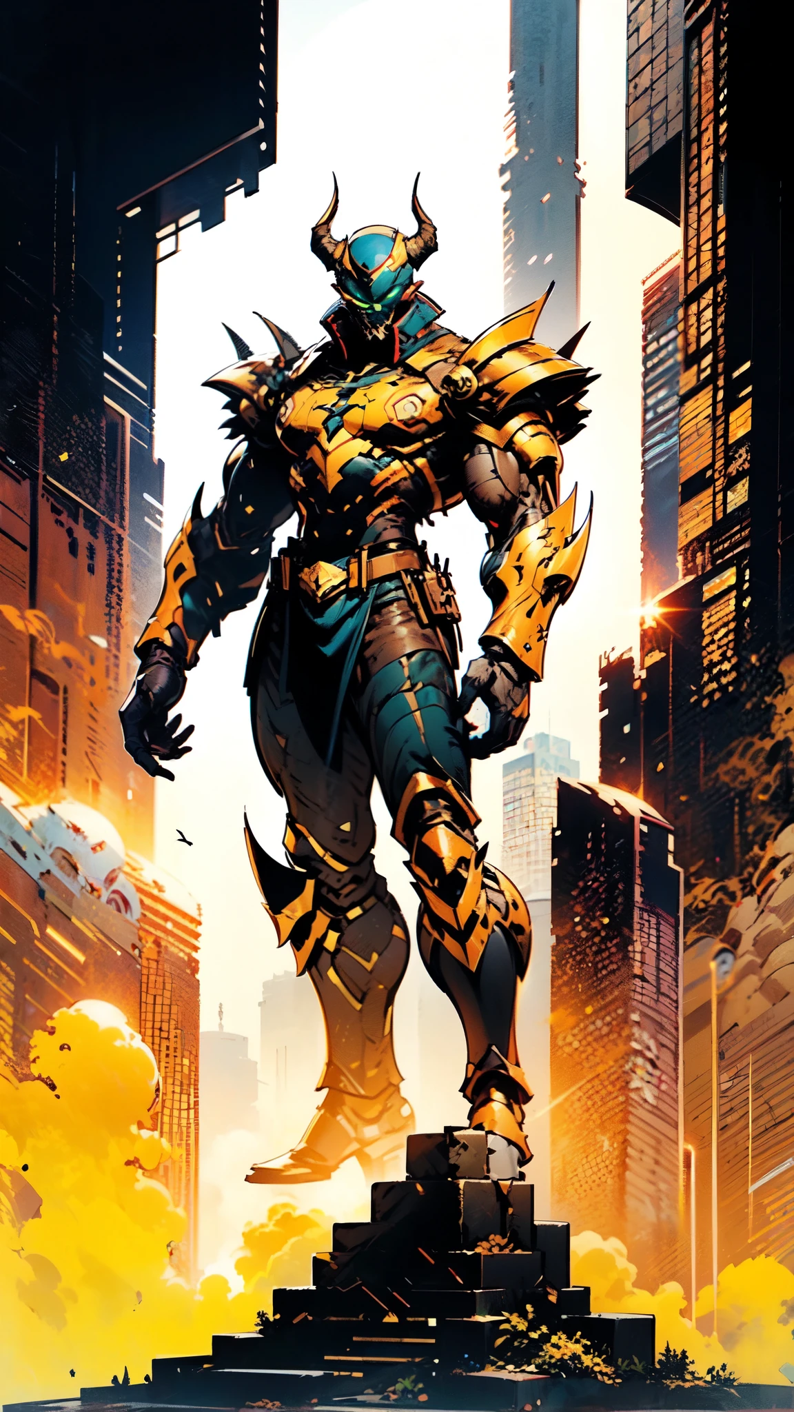 A man wearing a full-face helmet, a fantasy-style biotech armored combat suit, green eyes, (a composite layered chest armor), fully enclosed shoulder guards, matching arm and leg guards, the belt is adorned with 666 mark, (the color scheme is primarily red with yellow and white accents), the design balances heavy with agility, a high-tech bio-mecha armor, (Armor Concept Inspired by Demon, stand on the top of a skyscraper in a futuristic sci-fi city), this character embodies a finely crafted fantasy-surreal style armored hero in anime style, exquisite and mature manga art style, (battle damage, element, plasma, energy, the armor glows), ((male:1.5)), metallic, real texture material, dramatic, high definition, best quality, highres, ultra-detailed, ultra-fine painting, extremely delicate, professional, perfect body proportions, golden ratio, anatomically correct, symmetrical face, extremely detailed eyes and face, high quality eyes, creativity, RAW photo, UHD, 32k, Natural light, cinematic lighting, masterpiece-anatomy-perfect, masterpiece:1.5