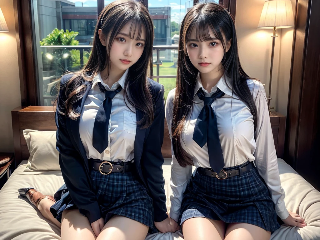 (8K, Raw photography, top-quality, masterpiece:1.2), master piece, best quality, illustration, Super detailed, fine details, High resolution, 8K,wall paper, perfect dynamic composition,(Details High quality, realistic depiction of eyes:1.3), ((2 girls, 2 schoolgirls)), The background is a luxury hotel room、High school girl uniform、blazer 、Super Short Check Uniform Skirt、Navy blue high socks、garterbelts、Colossal tits、Disturbed uniform, Play with each other,Touching each other's bodies,Touching the body of the girl next door, short bob hair, black hair color, huge breasts, Big Natural Color Lip, bold sexy pose, (perfect body shape), crying a little、cold gaze, Beautiful makeup,glitter makeup,Cutest 18 years old, beautiful legs, hposing Gravure Idol, Voluptuous thighs