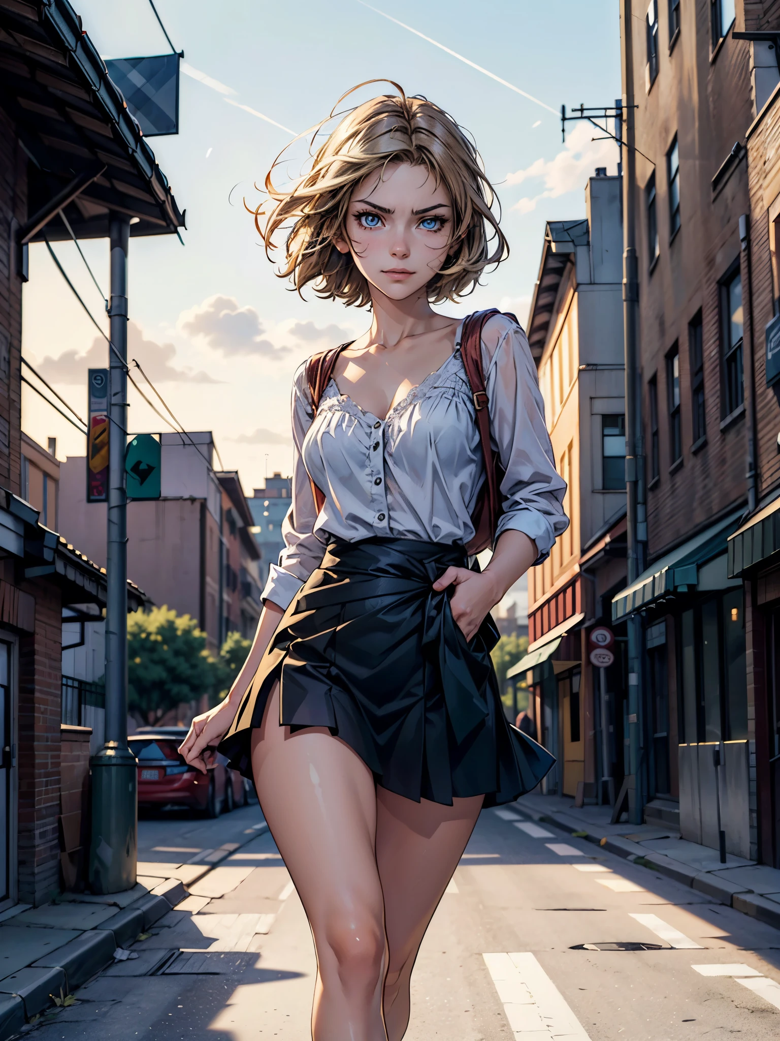 (masterpiece), best quality, (ultra detailed beautiful face and eyes), anime style, detailed beautiful girl, short hair, Standing in anger, Center of gravity on one leg, one hand is on the waist, dynamic angle, depth of field, outdoor street, Cityscape in the distance, suns, Diffusion of light  smirk, sultry look, seductive, 