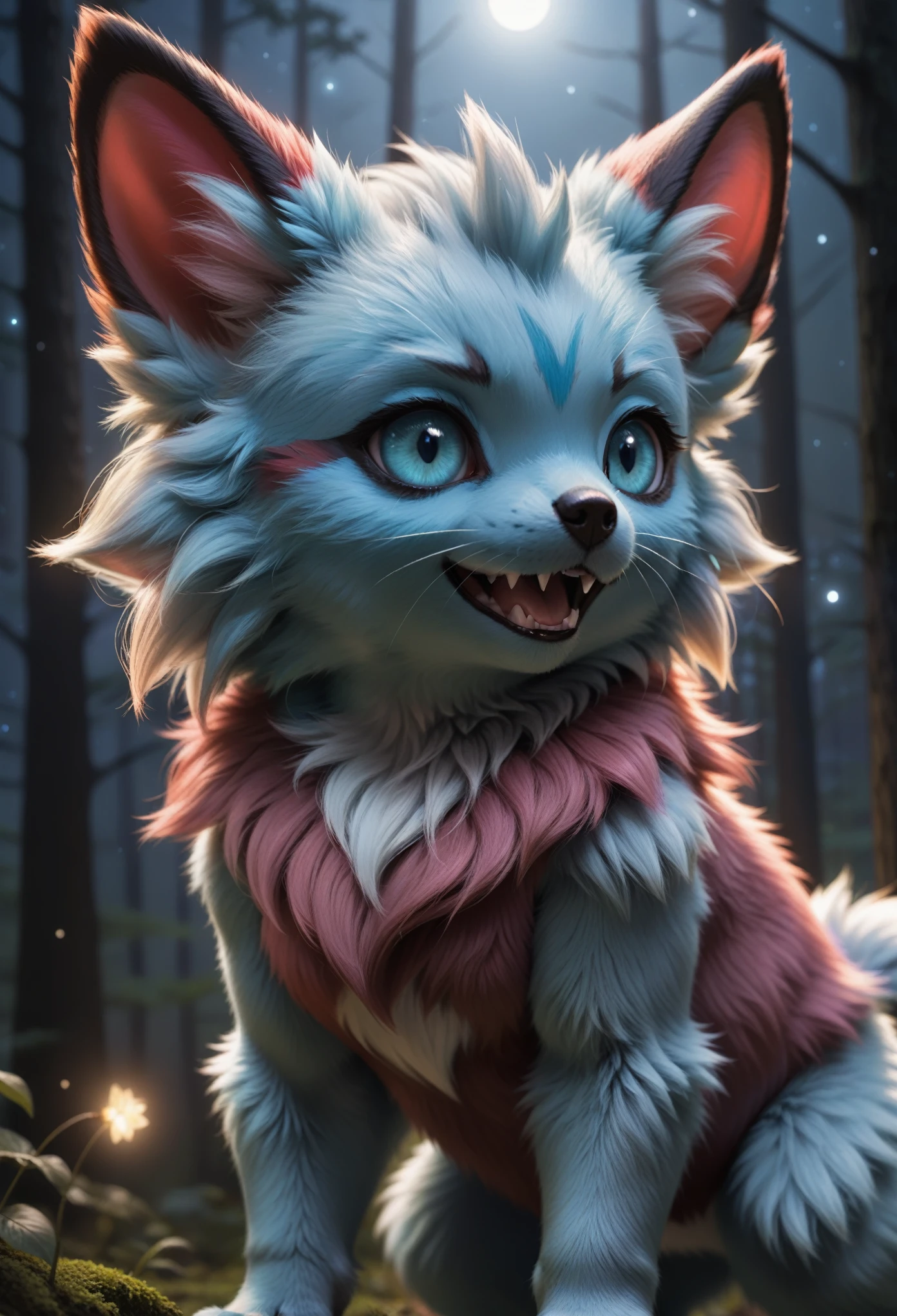 photorealistic, masterpiece, realistic fluffy zorua_(pokemon), standing in forest, night time, night sky, sharp zorua_(pokemon) teal eyes, looking at viewer, tilting head to the side, smiling, open mouth, glistening fur, detailed fluffy fur, dark,