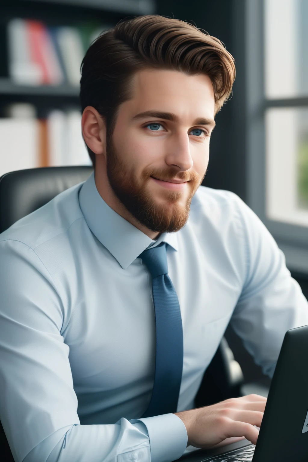 Photo of a 30-year-old man, engrossed in his work, sitting at a desk, (focused expression), ((detailed face: 1.2)), ((detailed facial features)), (well-groomed beard), pale skin, (professional attire), in an office setting, (neat and organized), (bright colors), (sunlit), (natural lighting), (highly detailed laptop), (smiling face on laptop screen), (photo-realistic), (high-quality), (realistic detail), captured with a Canon EOS R5, 50mm lens, F/2.8, RAW format, (8K resolution), (desktop wallpaper), (cinematic ambiance), (crisp focus), (intricate