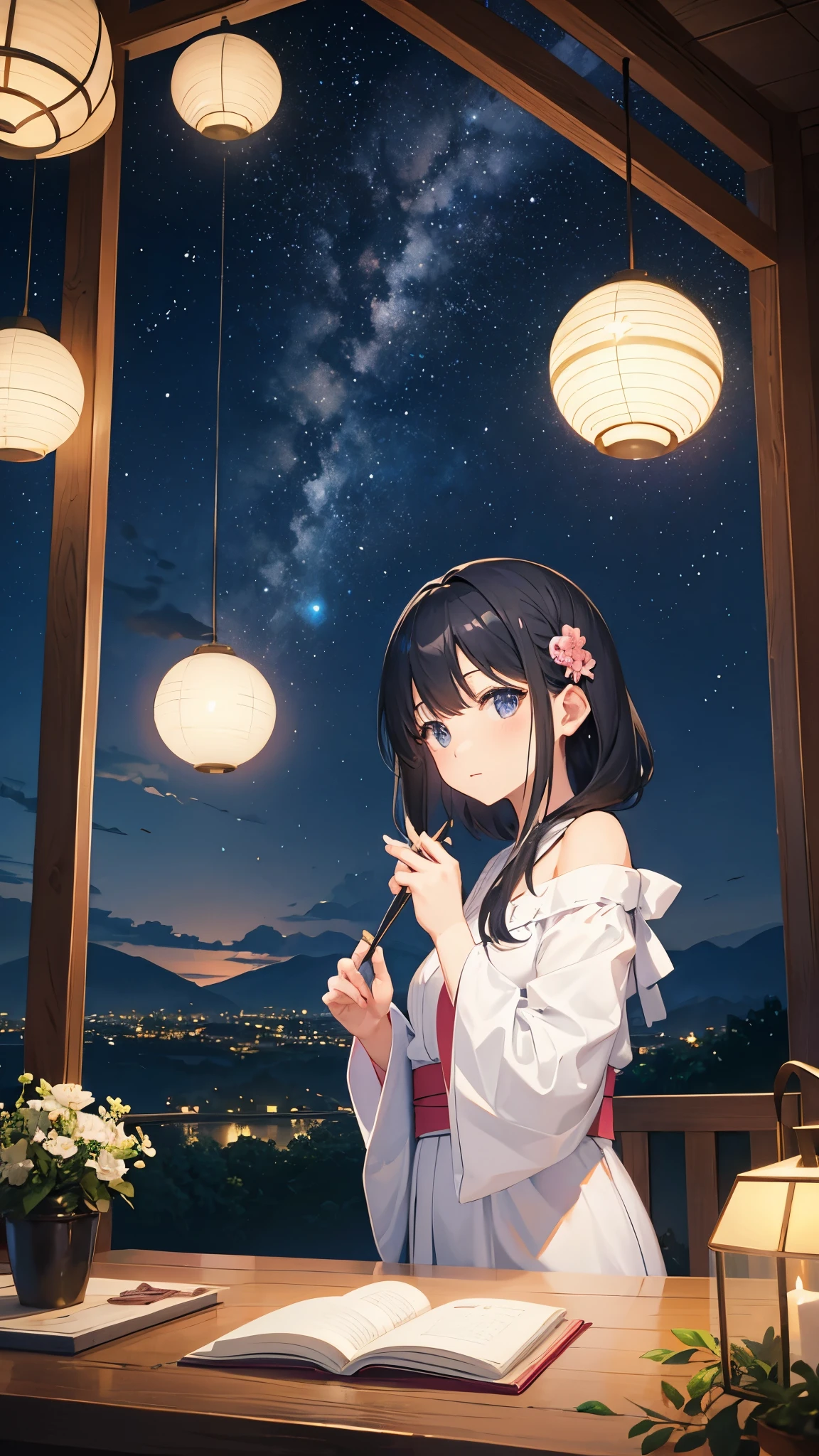 Landscape Photography、wallpaper、Starry Sky、Meteor-like path、Yukata Girls、Off the shoulder